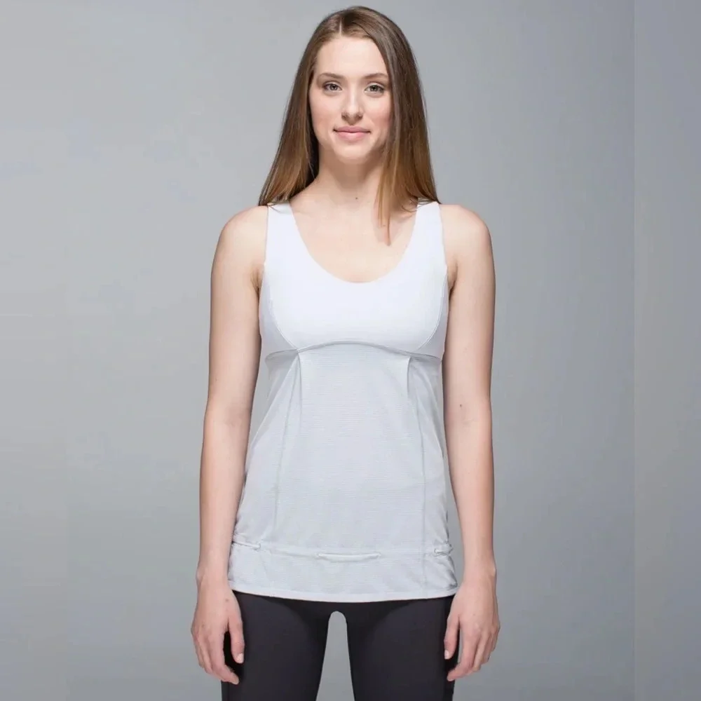 Lululemon Run: Ta Ta Topper White Gray Stripe Size 8 Yoga Active‎ Workout Top